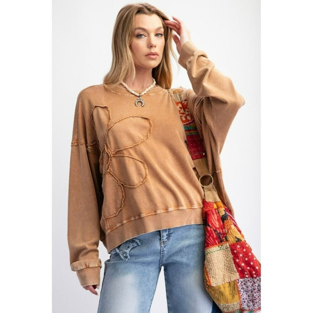 Flower Child French Terry Pullover Top in Toast